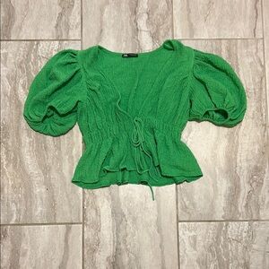 Zara Green Smocked Puff Sleeve Blouse